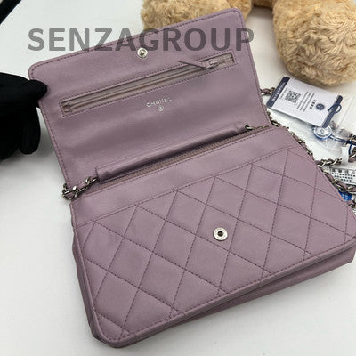 Chanel WOC Quilted Chain Shoulder Crossbody Bag Purple Silver Hardware