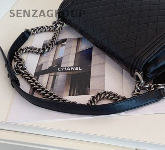 Chanel Leboy GM Chain Shoulder Bag Black Silver Unisex Adults Classic Diamond