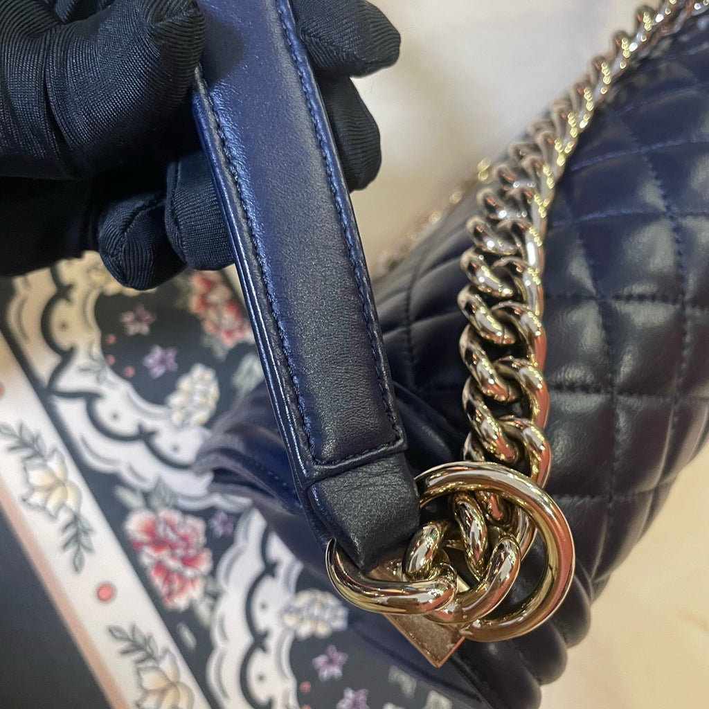 Chanel Leboy MM Lambskin Chain Shoulder Bag Crossbody Blue Gold Women Classic