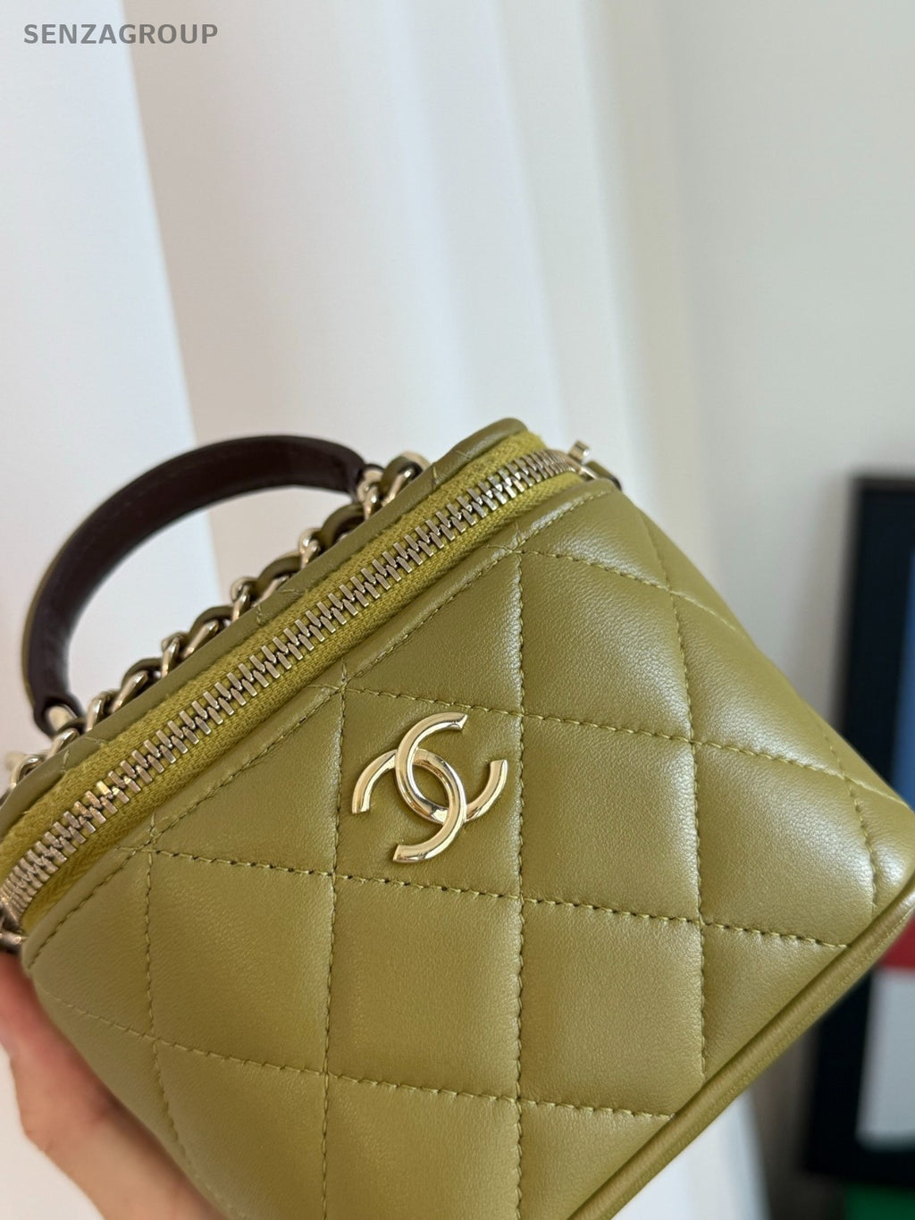 CHANEL Vanity Box mini Top handle 2way Chain Shoulder Handbag Women Olive green