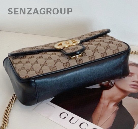 Gucci Marmont Canvas Chain Shoulder Bag Crossbody Brown Gold Women Classic