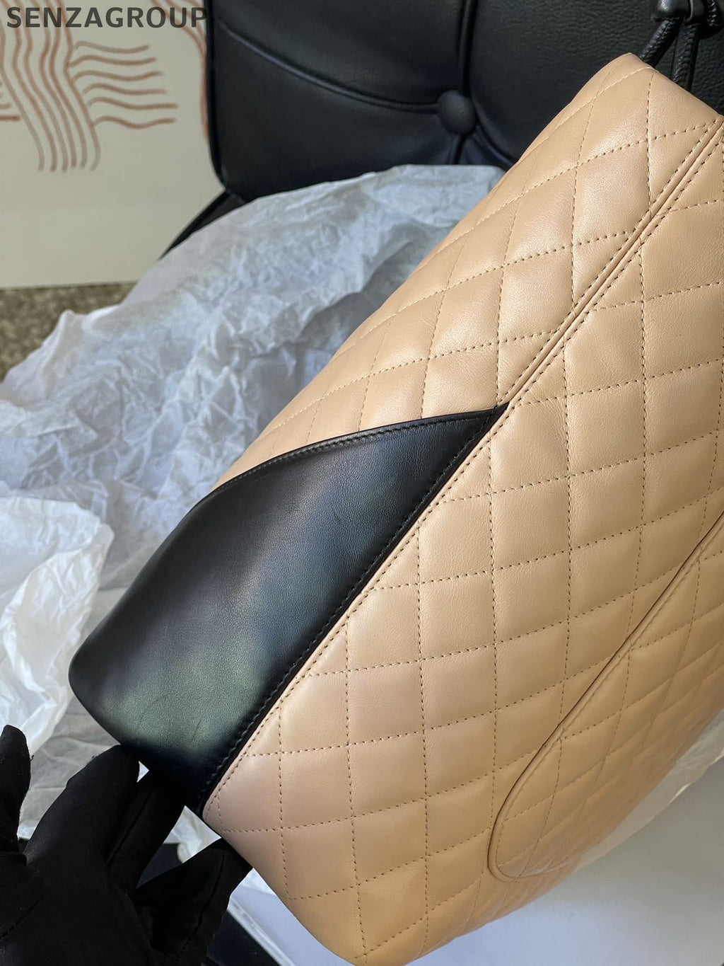 Chanel Cambon Tote Bag Beige Black Shoulder Handbag Classic Women