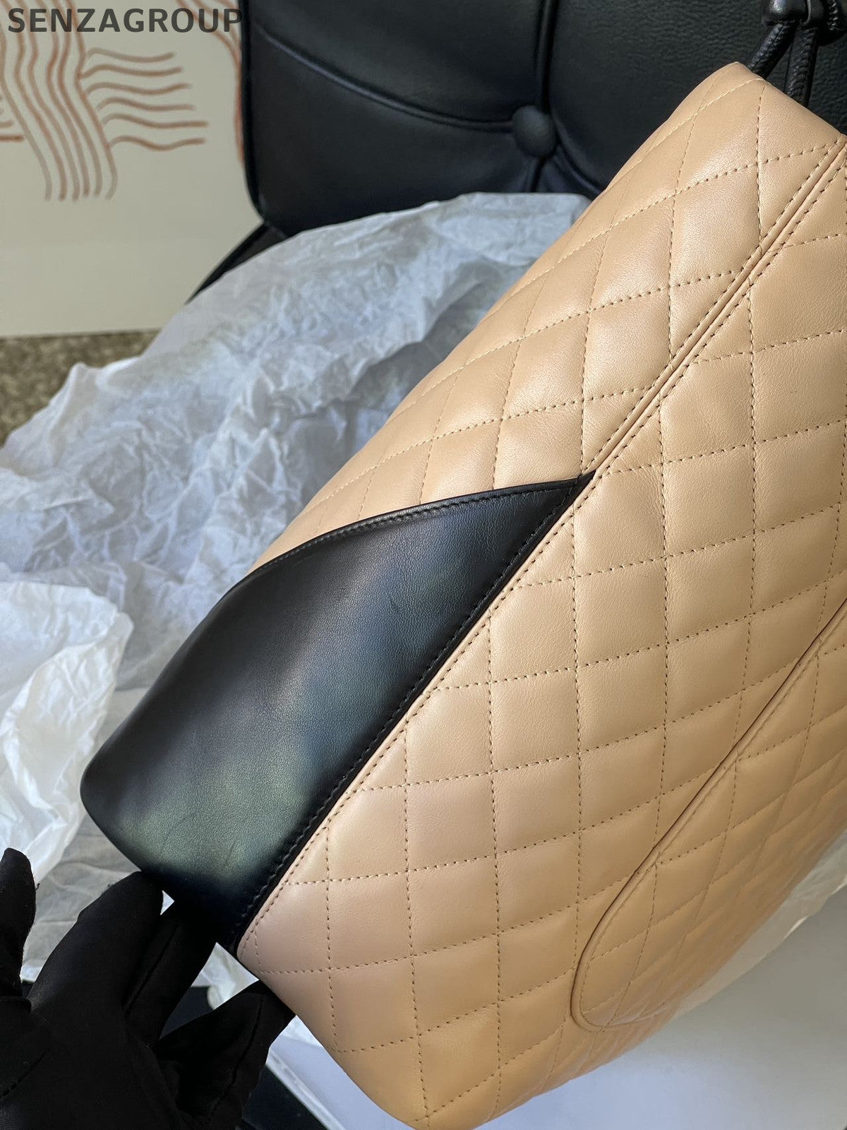 Chanel Cambon Tote Bag Beige Black Shoulder Handbag Classic Women