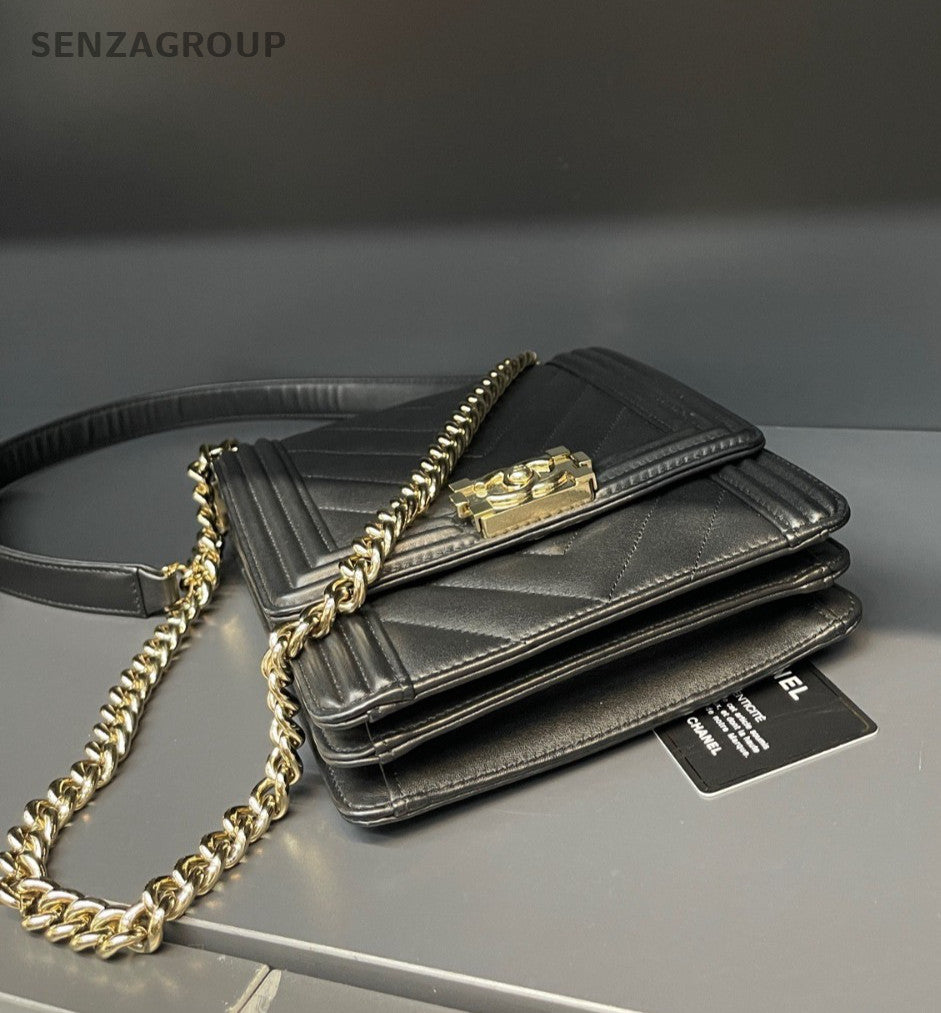 CHANEL Leboy V-shaped pattern Chain Shoulder bag Black Gold Women Classic