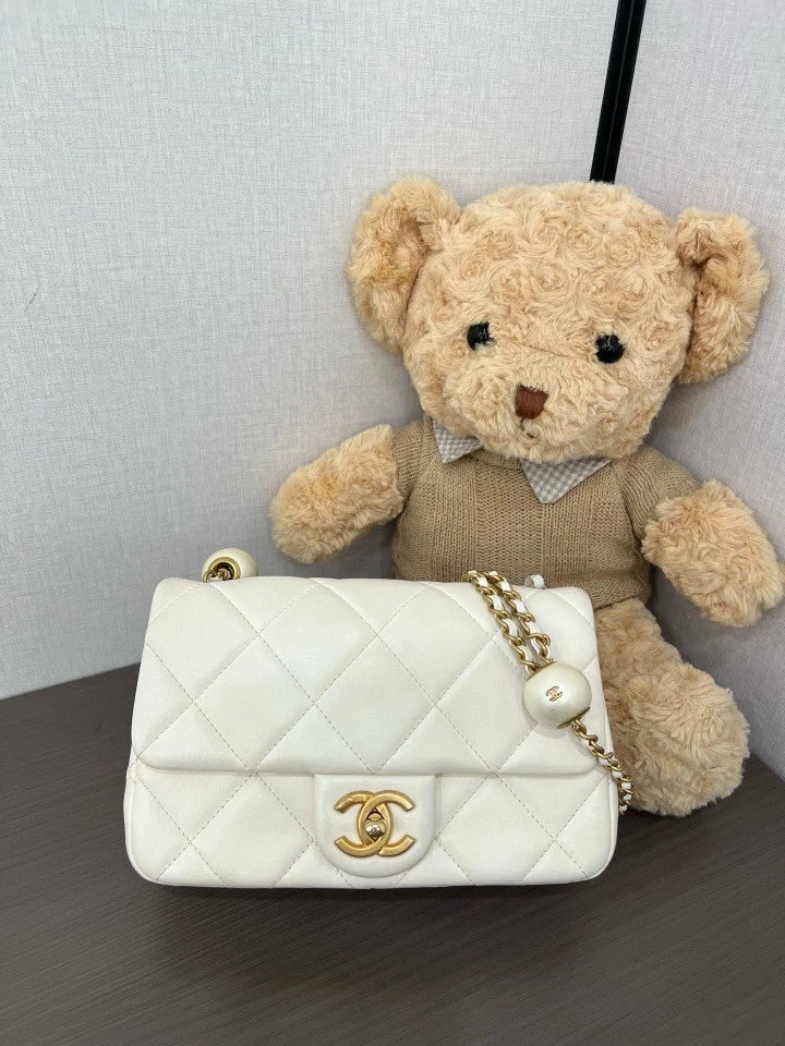 CHANEL 24S Lambskin Pearl Flap Square Crossbody Bag For Women