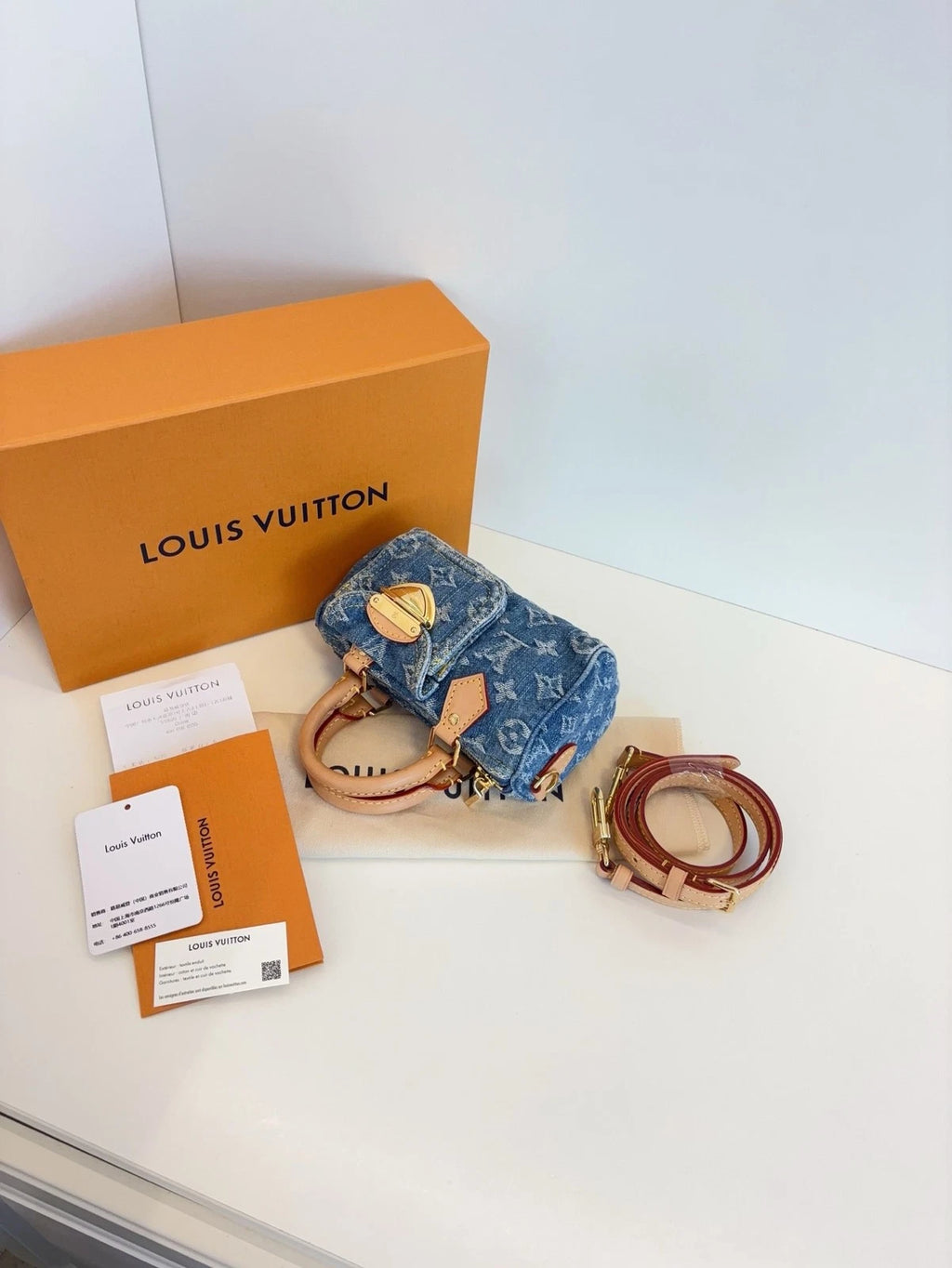 Louis Vuitton Speedy Nano Handbag Women's Crossbody Bag Blue Denim Monogram