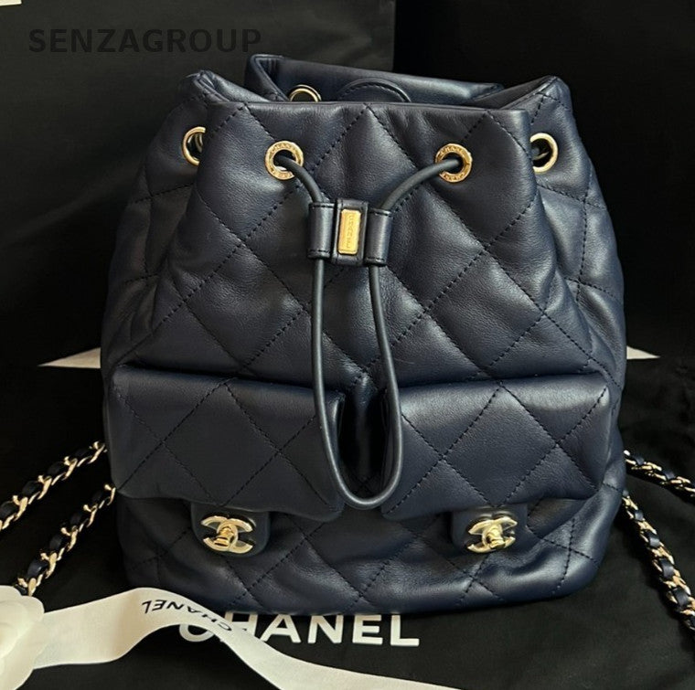 Chanel 23B Calfskin Chain Backpack Blue Gold Diamond Used Women Classic Fashion