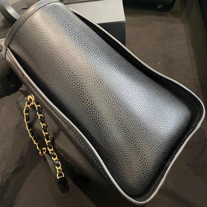 Chanel Tote GM Calfskin Top Handle Shoulder Bag Black Gold Hardware Women D