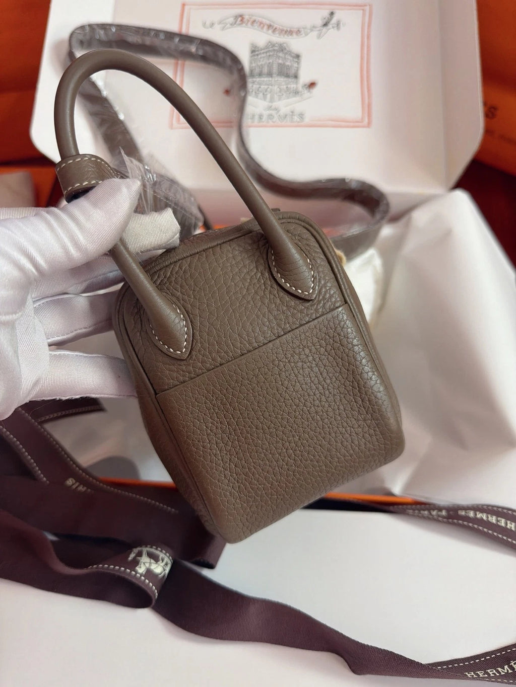 Excellent Hermes Lindy Mini TC Leather Gray Handbag Shoulder Bag Silver Hardware
