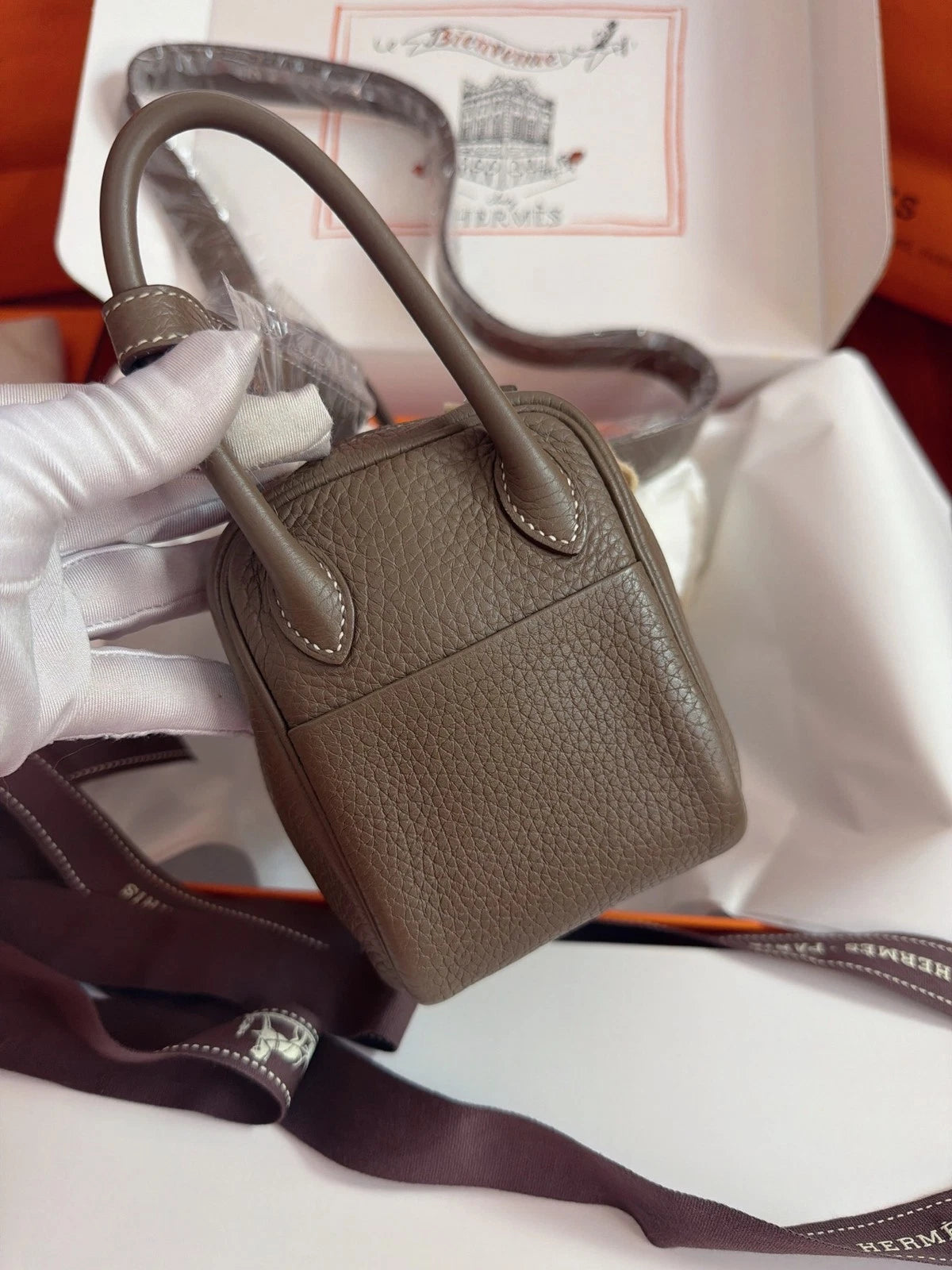 Excellent Hermes Lindy Mini TC Leather Gray Handbag Shoulder Bag Silver Hardware