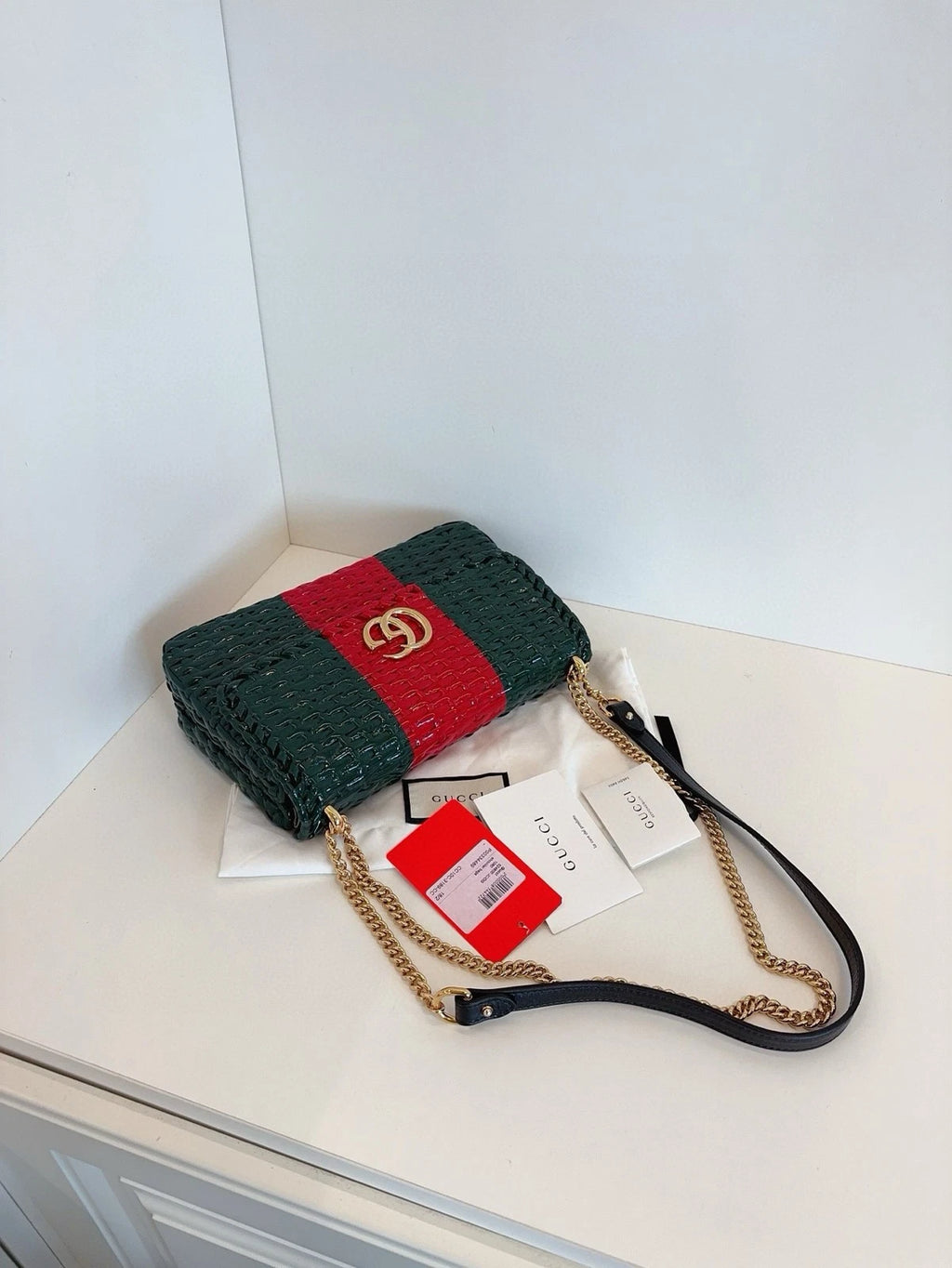 Gucci Women Green Red Striped Woven Chain Shoulder Bag