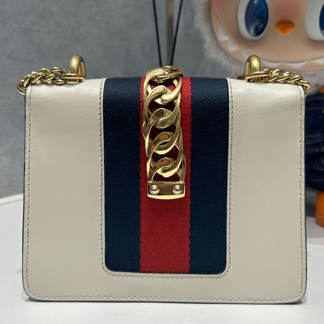 Gucci Sylvie Small Chain Shoulder Crossbody Bag White Gold Hardware
