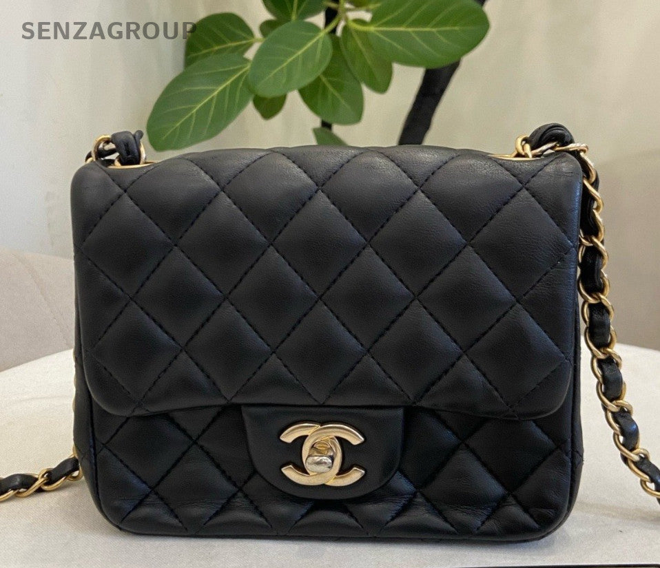 Chanel Classic Flap Lambskin Chain Black Gold Crossbody Shoulder Bag Used Women
