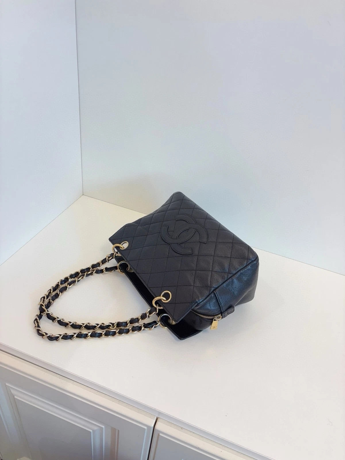 Chanel PTT Small Fatty Zip Tote Bag Black Caviar Leather Women Classic