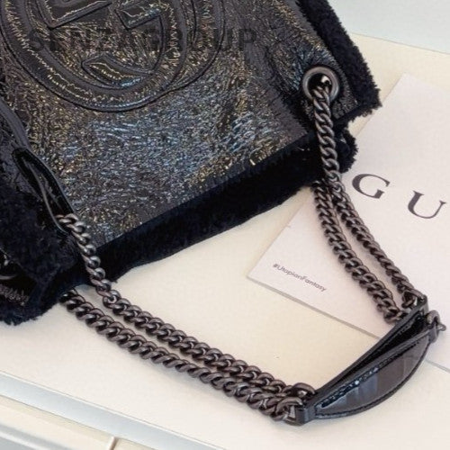 Gucci Soho Tote Chain Lambskin Shoulder Bag Black Silver Women Classic Fashion