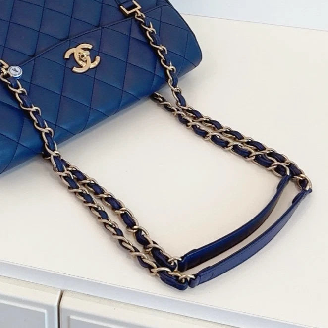 Chanel Diamond Tote Chain Shoulder Bag Blue Gold Used Women Classic