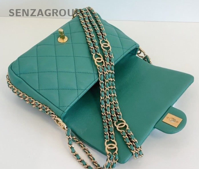 Chanel Classic Flap Mini Chain Shoulder Bag Crossbody Green Gold Women