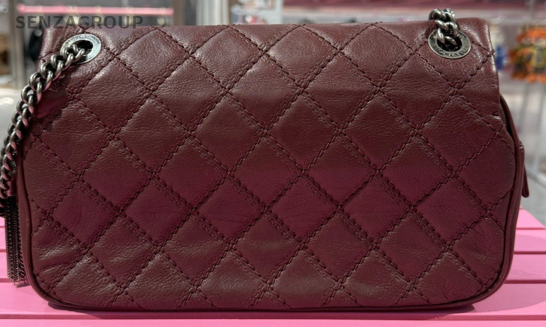 Chanel Classic Flap Calfskin Chain Shoulder Bag Red Silver Diamond Pattern
