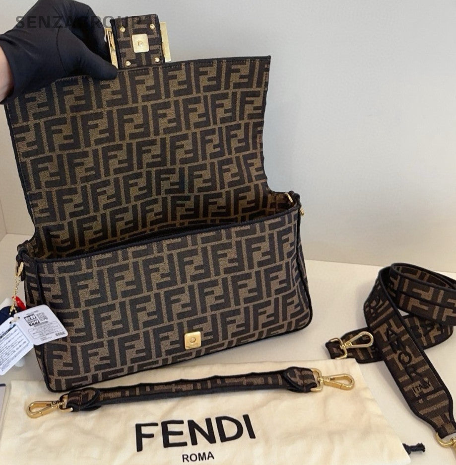 Fendi Baguette GM Monogram Canvas Shoulder Crossbody Bag Women Brown