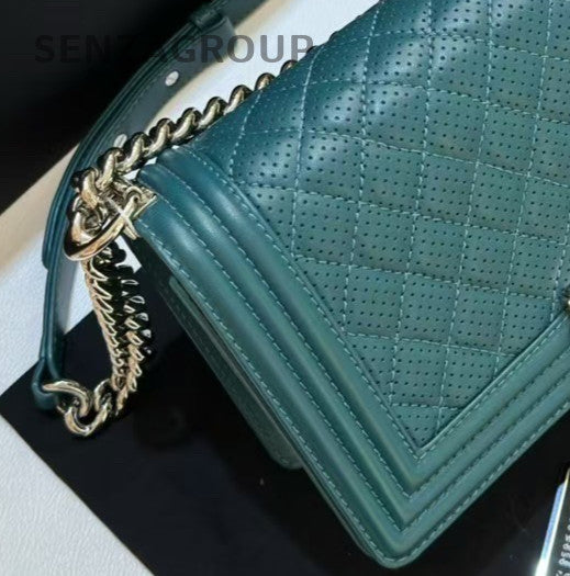 Chanel Leboy MM Chain Shoulder Bag Crossbody Green Silver Diamond Women Classic