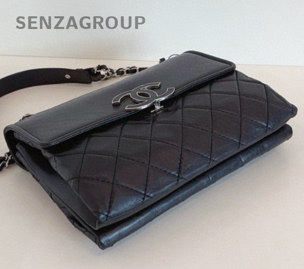 Chanel Diamond Chain Calfskin Black Silver Shoulder Bag Women Classic
