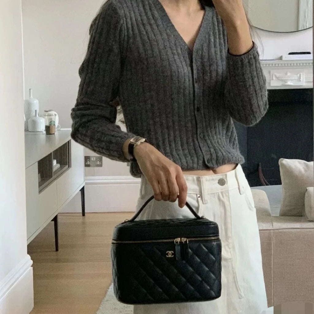 Chanel Vanity Black Gold Top Handle Excellent
