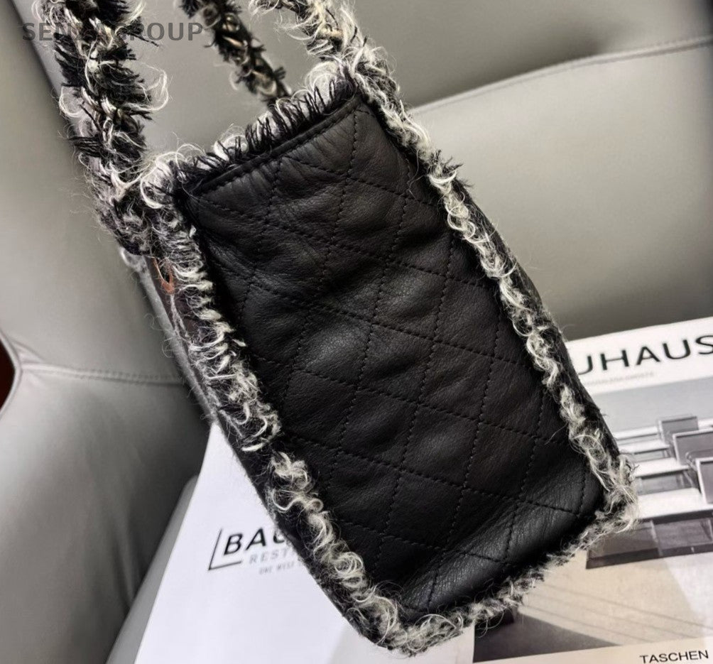 Chanel Matelasse Chain Wool Fabric Shoulder Tote Bag Black White Women Classic