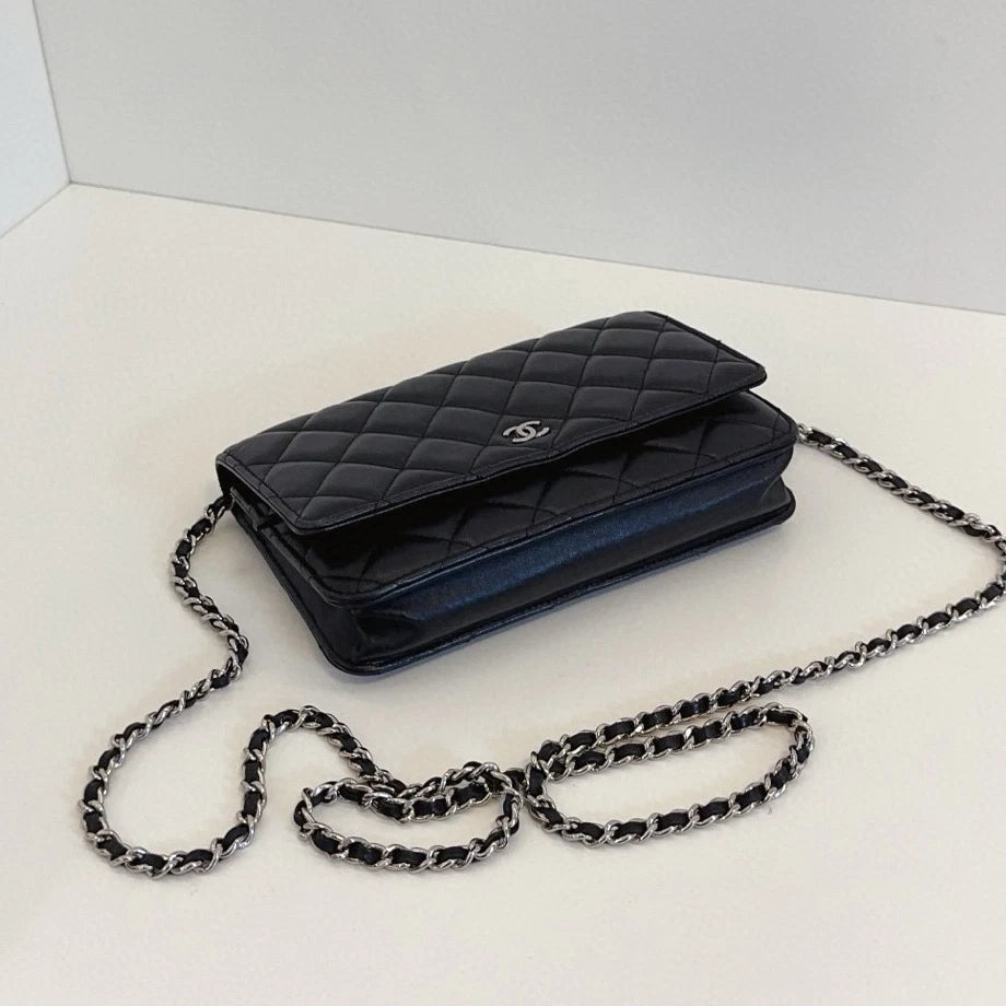 Chanel WOC Chain Lambskin Shoulder Crossbody Diamond Black Silver Women Classic