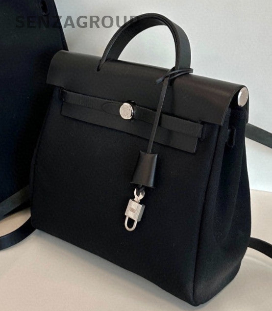 Hermes Herbag Canvas Backpack Black Silver Used Women Classic Vintage