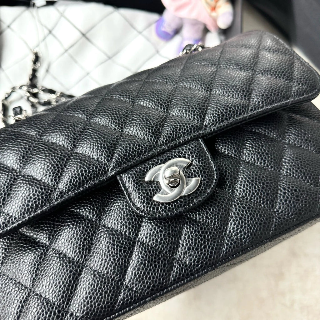 New CHANEL Classic Flap Small Black Calfskin Silver Hardware Bag For Women