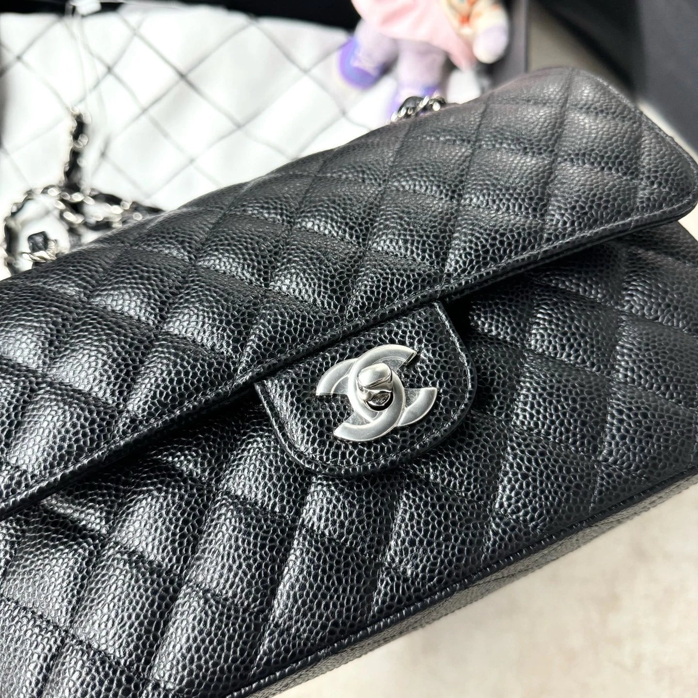 New CHANEL Classic Flap Small Black Calfskin Silver Hardware Bag For Women