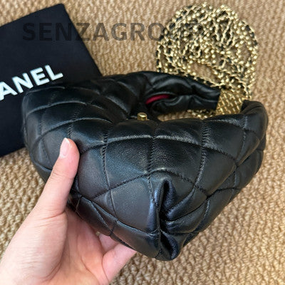 Chanel Quilted Black Gold Fringe Chain Hobo Shoulder Crossbody Bag