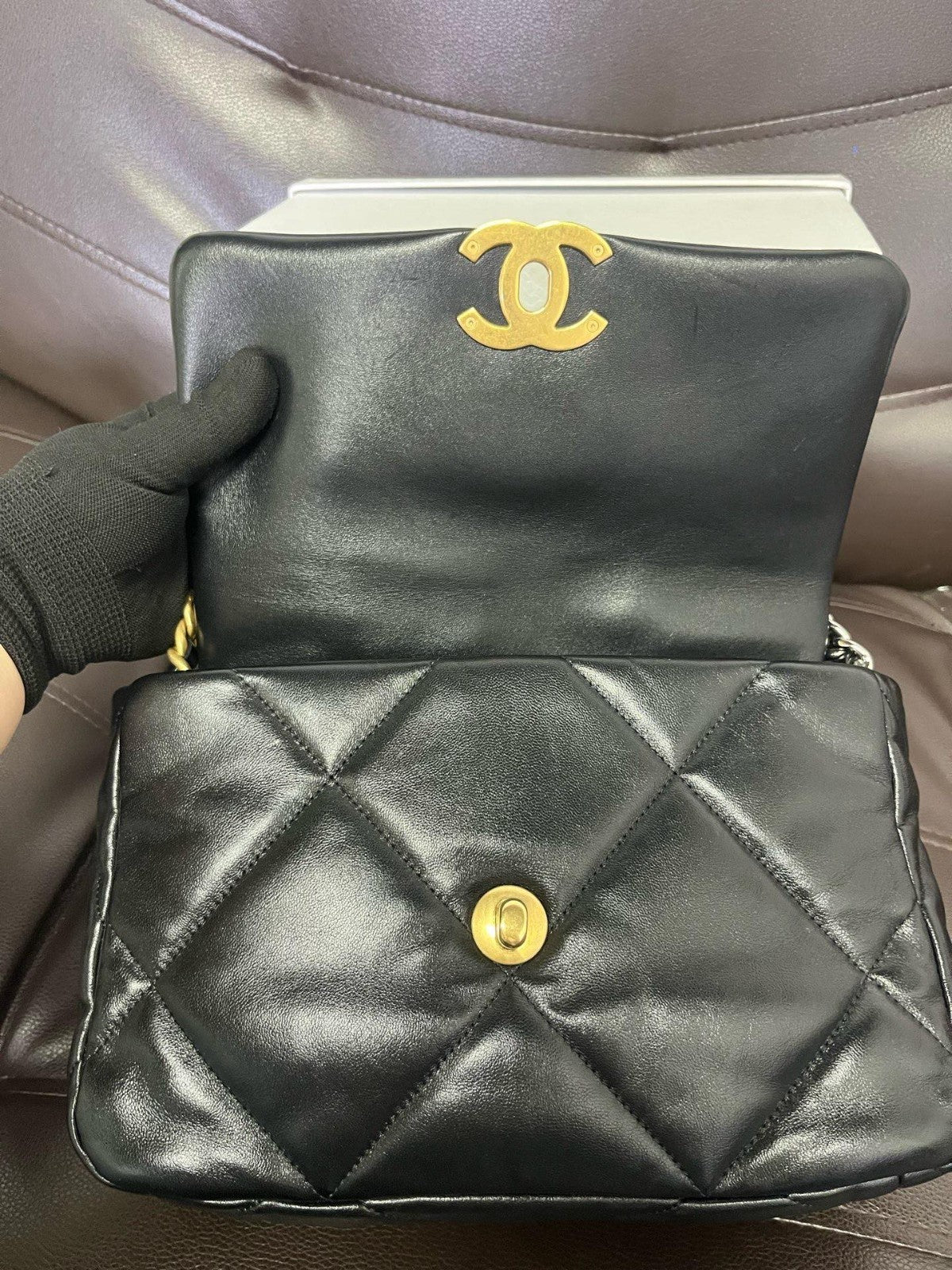 Chanel 19Bag PM Chain Top Handle Shoulder Crossbody Black Gold Women Classic