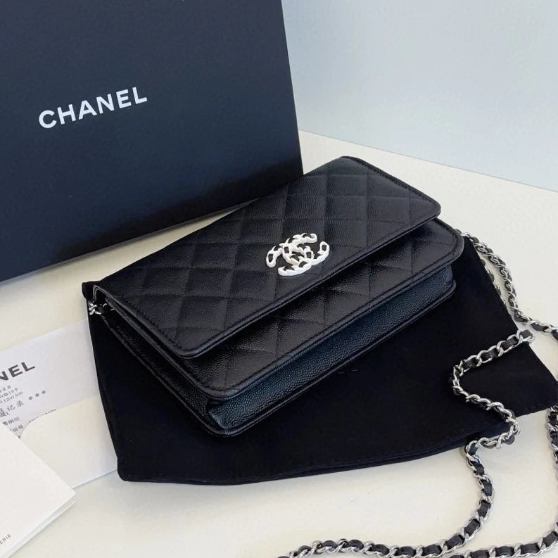 Chanel WOC Diamond Chain Top Handle Shoulder Bag Black Silver Women Classic