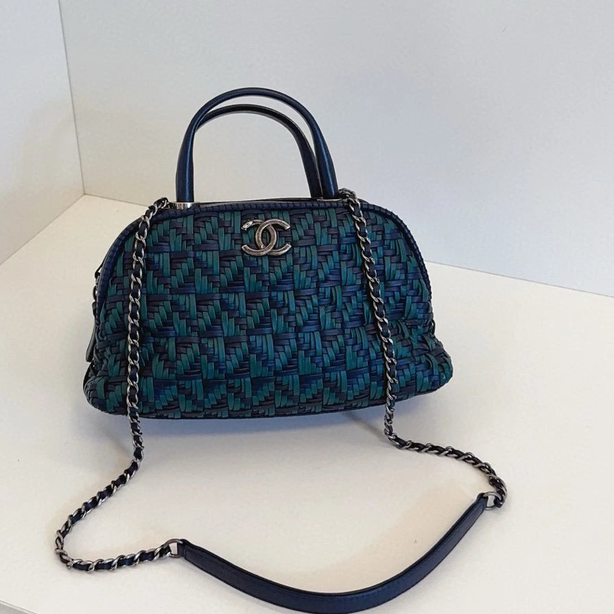 Chanel Bolide PM Calfskin Top Handle Crossbody Green Navy Silver Women Classic