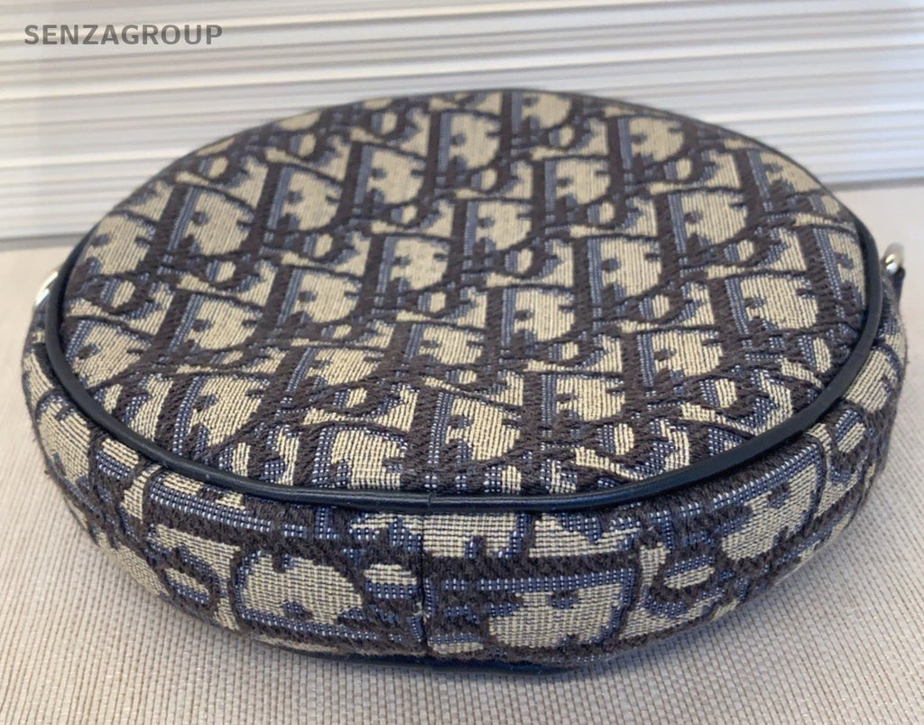 Christian Dior Oblique Round Bag Crossbody Blue Silver Used Women Classic