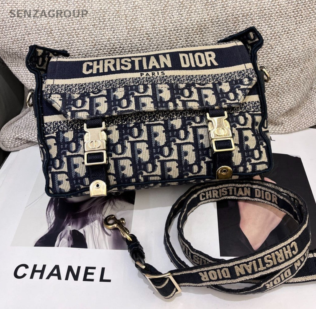 Christian Dior Oblique PM Shoulder Bag Blue Gold Used Women Classic Fashion