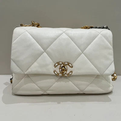 Chanel 19 Medium Quilted Bag White Gold Chain Shoulder Crossbody