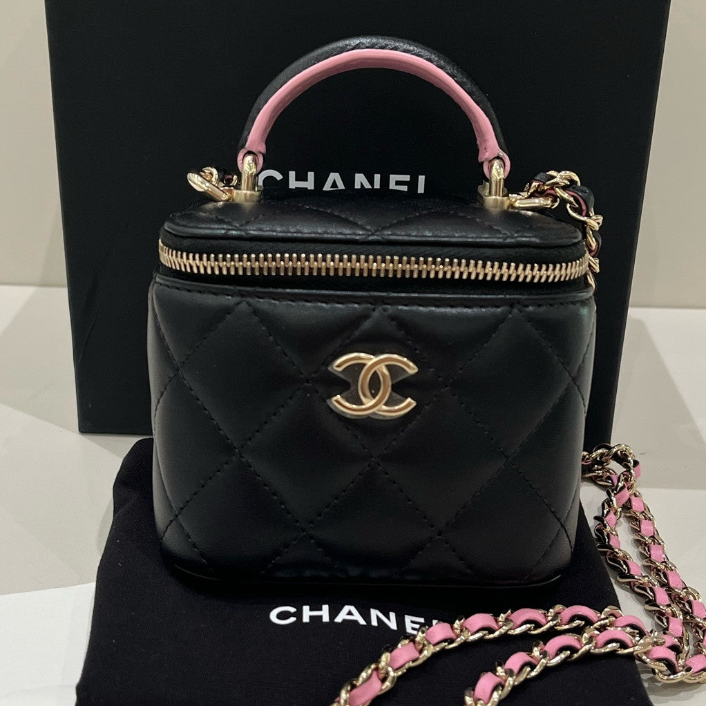 Chanel Quilted Black & Pink Mini Box Bag with Chain Strap