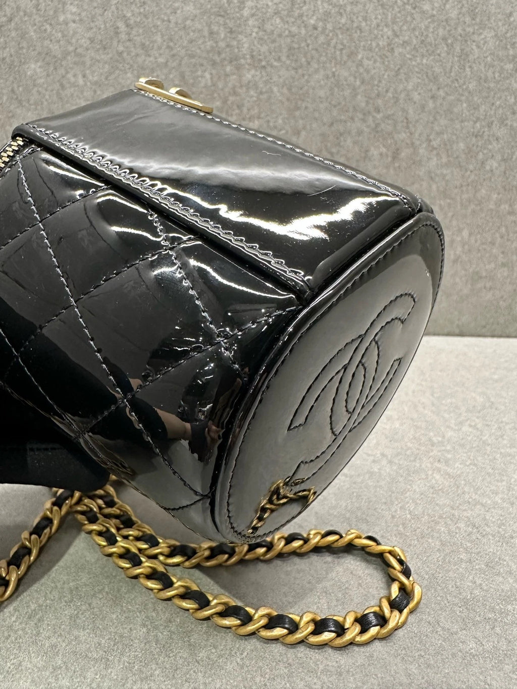 Chanel Black Patent Leather Mini Bucket Cosmetic Bag For Women