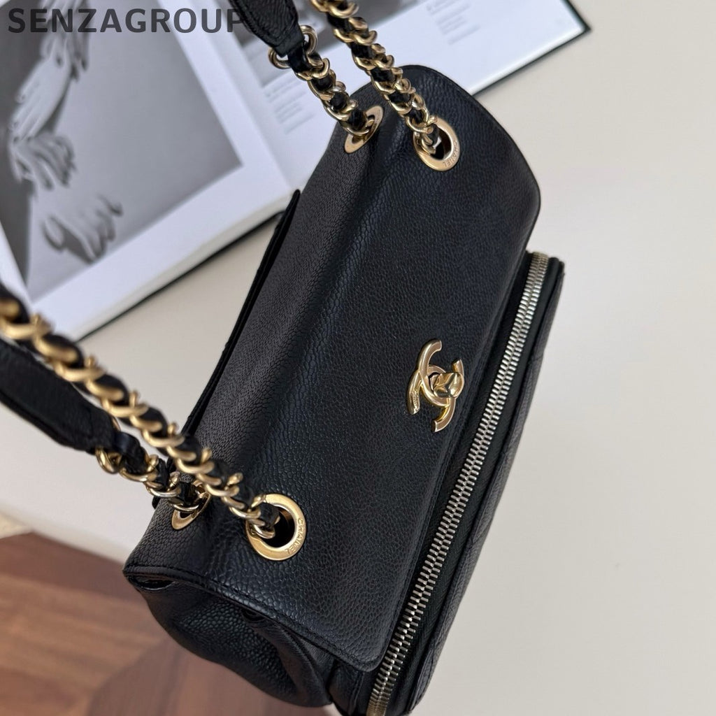 Chanel Diamond Chain Black Gold Shoulder Bag Crossbody Women Classic