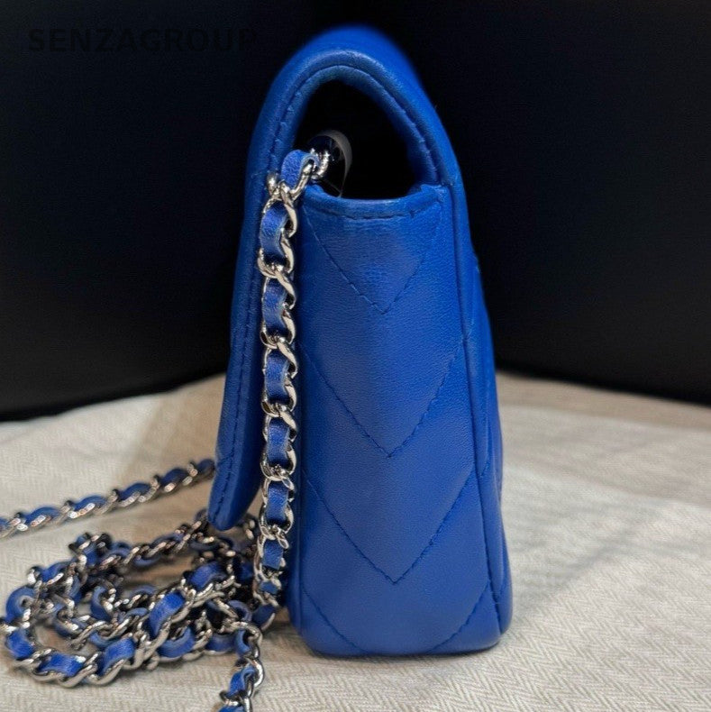Chanel Classic Flap Mini Lambskin Chain Shoulder Bag Crossbody Blue Silver Women