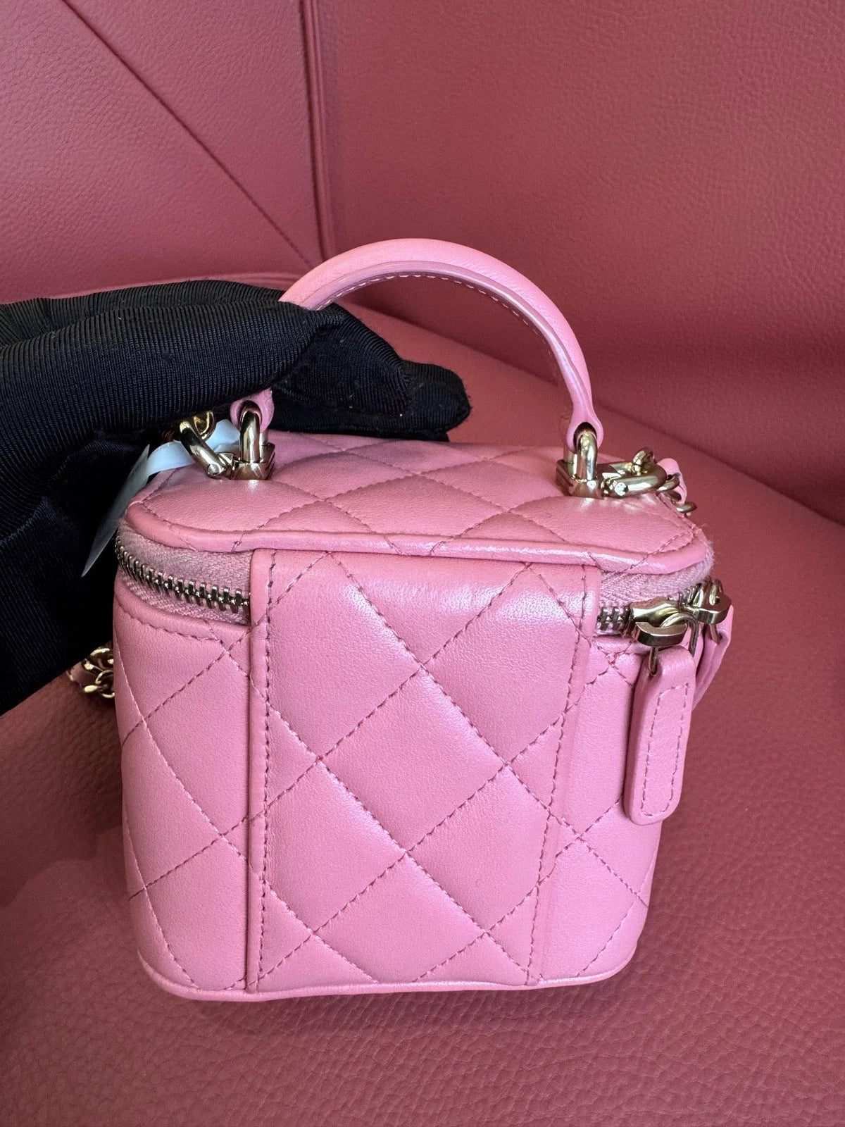 Chanel Diamond Chain Crossbody Top Handle Bag Pink Gold Women Classic