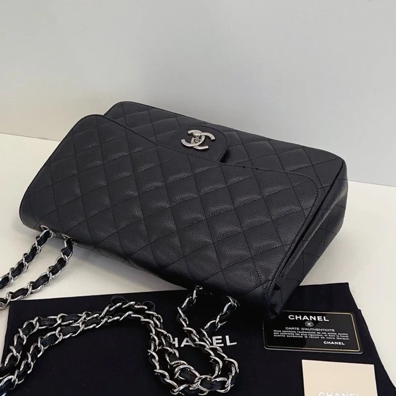 Chanel Flap Jumbo Calfskin Chain Shoulder Crossbody Black Silver Excellent