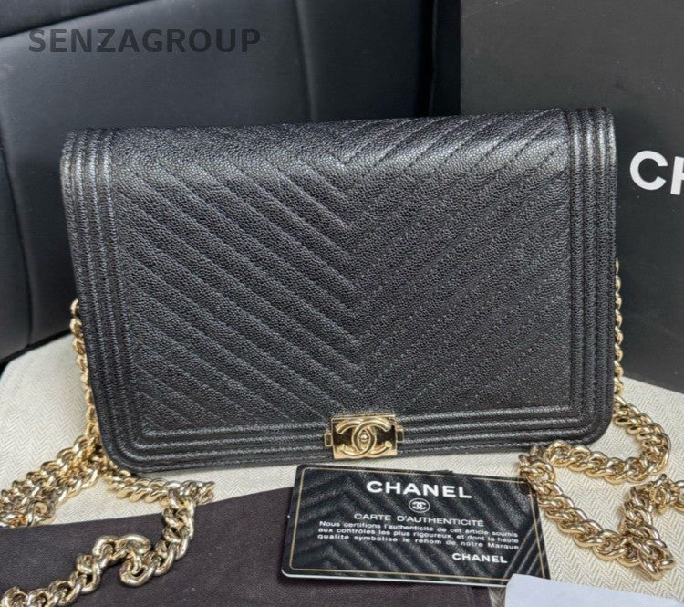 Chanel Leboy WOC Calfskin Chain Shoulder Bag Crossbody Black Gold Women Classic
