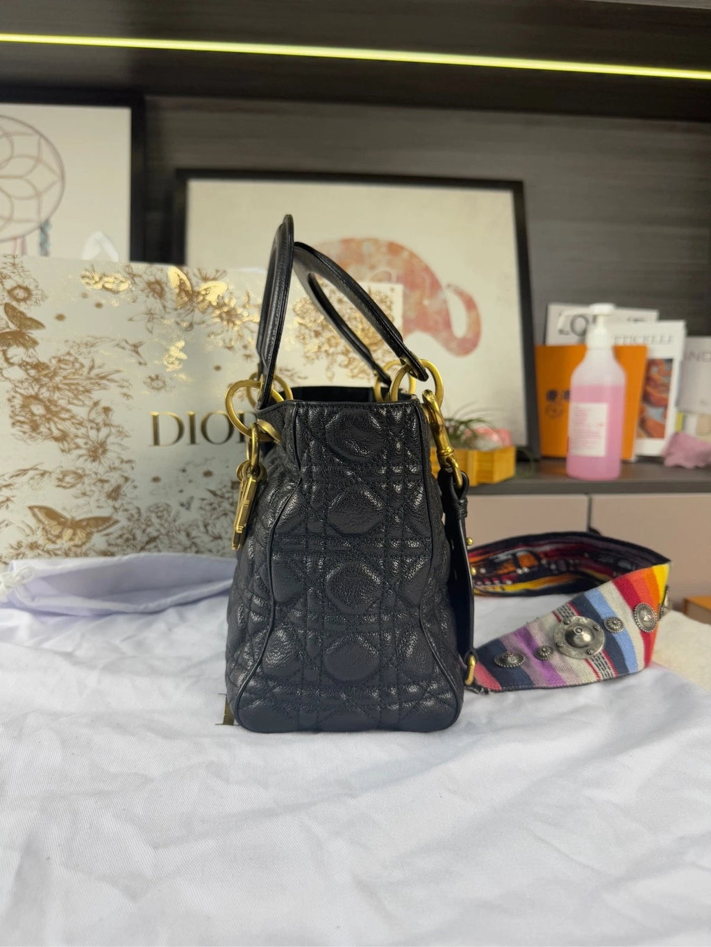 Dior Black Gold Waxed Leather 5-Grid Lady Dior Bag For Women