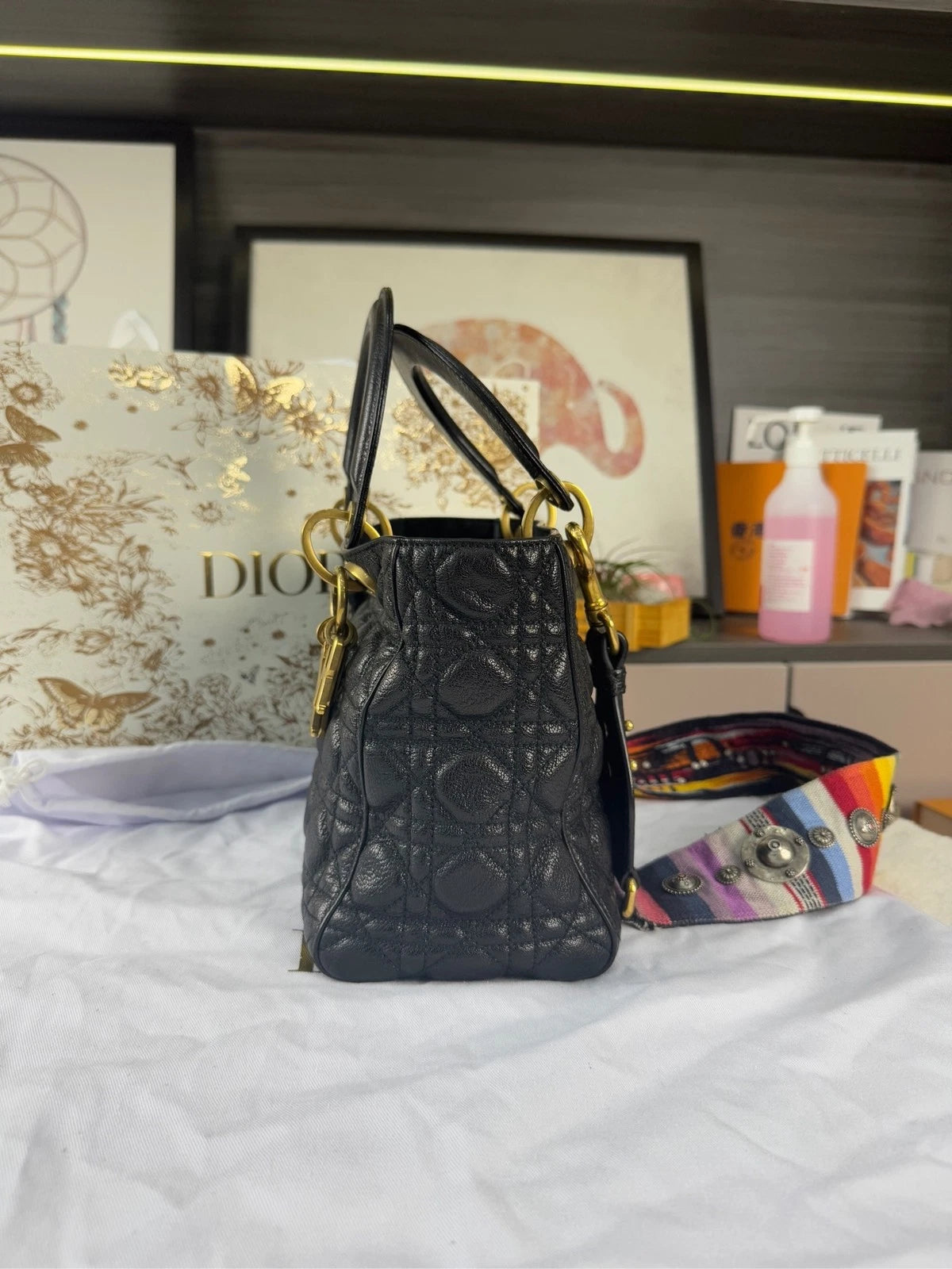 Dior Black Gold Waxed Leather 5-Grid Lady Dior Bag For Women
