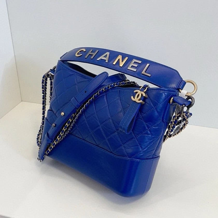 Chanel Gabrielle MM Chain Top Handle Shoulder Crossbody Blue Gold Women Classic