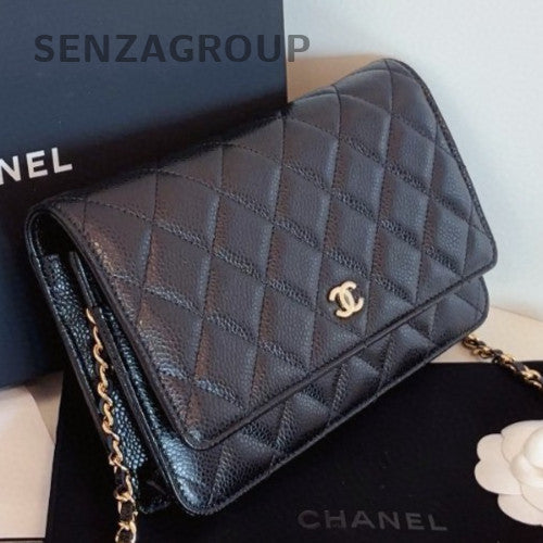 Chanel WOC Chain Shoulder Bag Crossbody Black Gold Women Classic Diamond