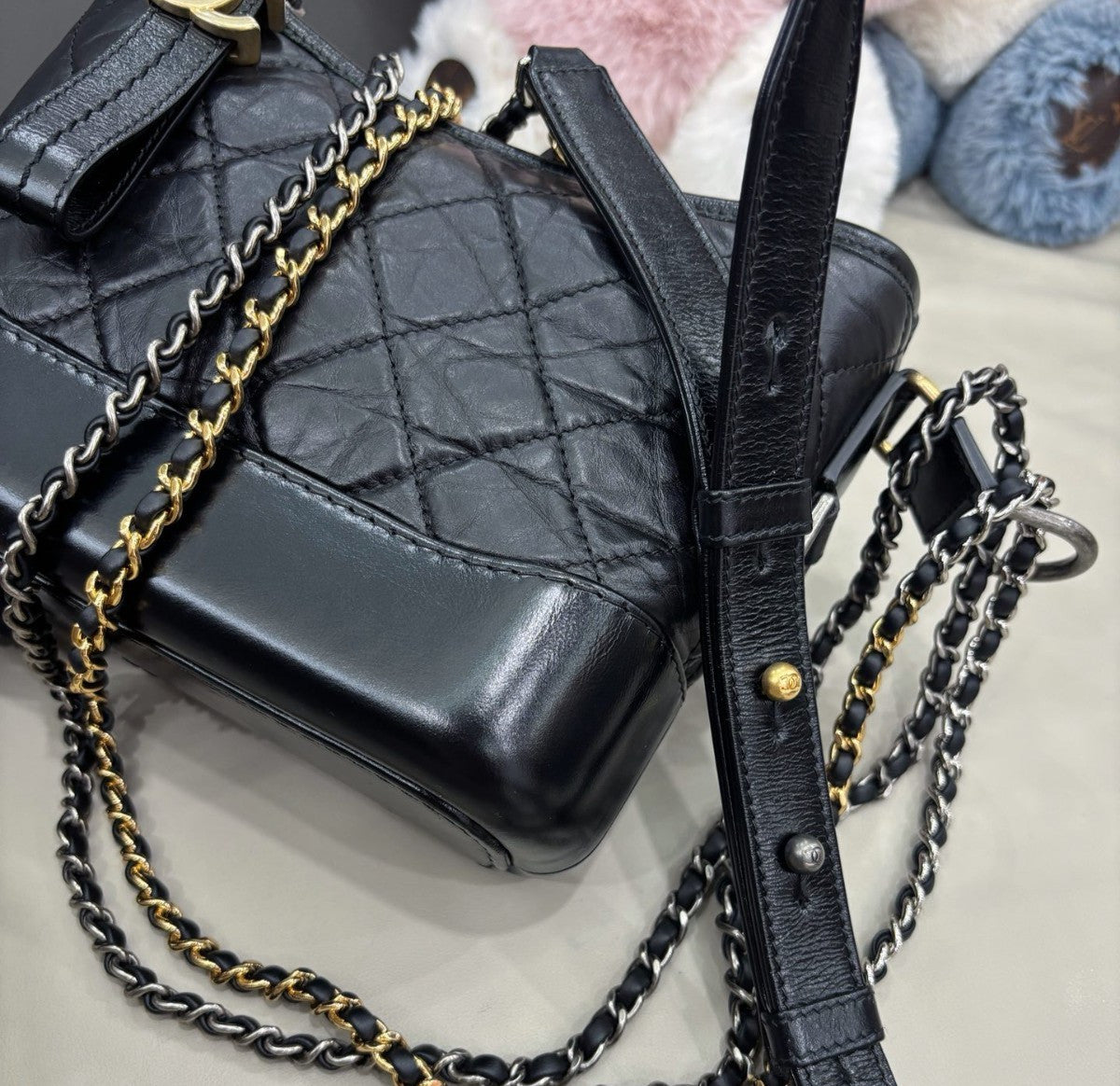 Chanel Gabrielle PM Chain Shoulder Bag Crossbody Black Gold Diamond Women